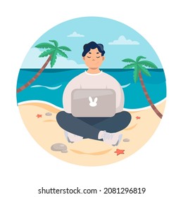 A young man in the lotus position is working at a computer on the beach. Freelancer with a laptop. Online training. Vector flat design illustration in the circle isolated on background. 