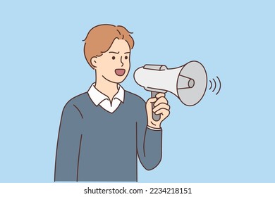 Young man with loudspeaker scream on protest or demonstration. Furious businessman shout in megaphone speak loud to audience. Vector illustration. 