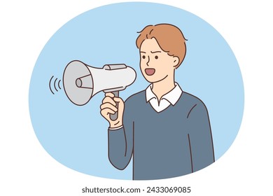 Young man with loudspeaker scream on protest or demonstration. Furious businessman shout in megaphone speak loud to audience. Vector illustration.