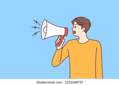 Young man with loudspeaker shouting about deal or promotion. Male hold megaphone make announcement attract attention. Advertising. Vector illustration. 