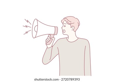 Hombre joven con altavoz gritando sobre trato o promoción. El megáfono de retención masculino hace que el anuncio llame la atención. Publicidad. Ilustración vectorial.