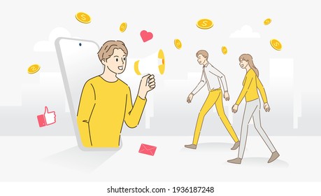 Young man with loudspeakers announcing on mobile to attract people or buyers of investors and businessmen. People characters listen to the announcement. Hand draw style. Vector illustration. 