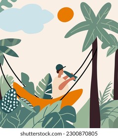 Young man lounging in beach hammocks, enjoying summer retreats and look through binoculars. Relishing leisure moments or staying productive in comfortable hanging swings. Vector. 