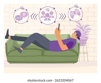 Young man lounging on a green sofa engaged with their smartphone and surrounded by symbolic icons of communication, and online gaming. People surfing internet concept. Flat vector illustration