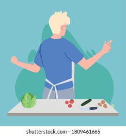 young man in love cook preparing healthy food vector illustration design