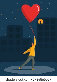 Joven enamorado. Joven niño de cabello oscuro sosteniendo un globo rojo en forma de corazón frente a la ventana de su amada novia. Ilustración vectorial. Diseño de San Valentín.