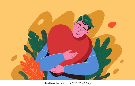 Young man with love embracing a red heart, kind heart, feeling self love, confidence., harmony, positive emotion. Happy calm boy volunteer. Care, humanity, self-acceptance concept. Colored flat vector