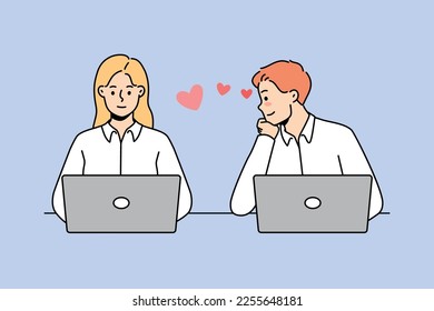 Young man in love look at female colleague working together at laptops in office. Male employee admire woman worker at workplace. Work romance. Vector illustration. 