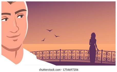 A young man in love looks at a girl. She stands on the seafront. Evening time. Vector romantic banner illustration. Place for text.
