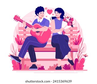 A Young Man in Love Sitting on a Park Bench Is Playing Guitar for His Girlfriend. Happy Romantic Couple in Relationship Celebrate Valentine’s Day