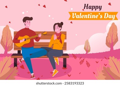 A Young Man in Love Sitting on a Park Bench Is Playing Guitar for His Girlfriend. Happy Romantic Couple in Relationship Celebrating Valentine’s Day