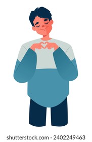 El joven enamorado sonríe dulcemente y pacíficamente y muestra gesto de mano con sus manos Corazón. Señal de simpatía, amor, aprobación, gesto amistoso y acogedor. Carácter vector aislado en blanco 