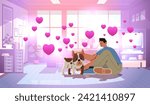 young man in love spending time with dog male owner and cute domestic animal friendship with pet valentines day celebration