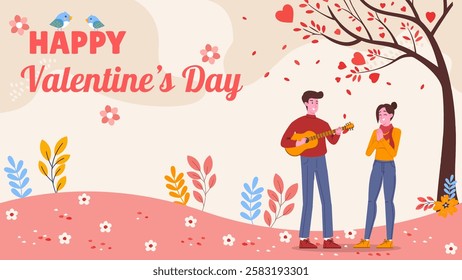 A Young Man in Love Standing on a Park Is Playing Guitar for His Girlfriend. Happy Romantic Couple in Relationship Celebrating Valentine’s Day