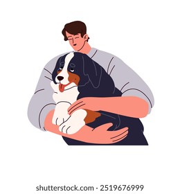 Un joven ama su montaña suiza o su perro de ganado. Feliz dueño abraza lindo cachorro Sennenhunds. Niño acaricia a la cachorra esponjosa. Persona abraza mascota divertida. Ilustración vectorial aislada plana sobre fondo blanco