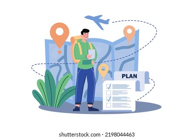 Young man with luggage, planning sightseeing route for attractions