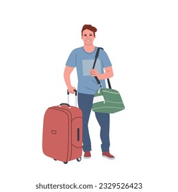 Young man with luggage. Vector cartoon flat style illustration