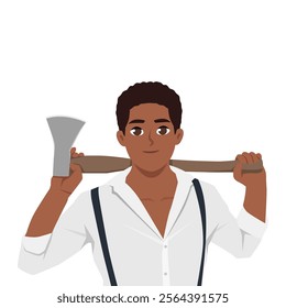 Young man Lumberjack. Rural man holds axe in hands. Flat Vector character illustration