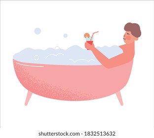 Young Man Lying in Bathtub Full of Soap Foam and Drinking Cocktail, Person Relaxing, Reducing and Managing Stress Cartoon Style Vector Illustration
