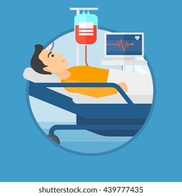 Joven tendido en la cama en la sala del hospital. Paciente con control de frecuencia cardíaca y equipo para transfusiones de sangre en sala médica. Ilustración de diseño plana vectorial en el círculo aislado en el fondo.