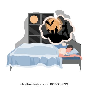 Young Man Lying In Bed At Night And Has Nightmare Vector Flat Illustration. Tired Man Suffering From Nightmare With Zombie Walking On Night Cemetery. Sleeping Male Character In Night Bedroom.