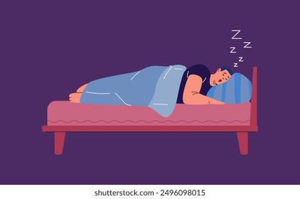 Young man lying in the bed and snores loudly with open mouth, releases zzz. Vector flat illustration of male character with snore problem. Sleep apnea, snoring, health care concept