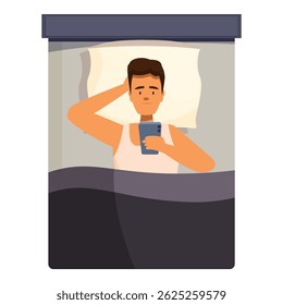 Young man lying in bed using his smartphone at night, suffering from insomnia or nomophobia