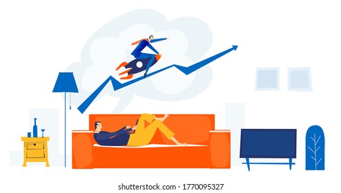 Young man lying down at sofa and working from home. Dreams about his professional success. Businessman is earning a lot of money. Self isolation and self employed concept 