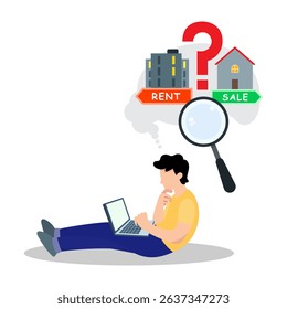 A young man lying down to using laptop with thinking to searching his residence. Rent apartment or buy home. Real estate concep. 