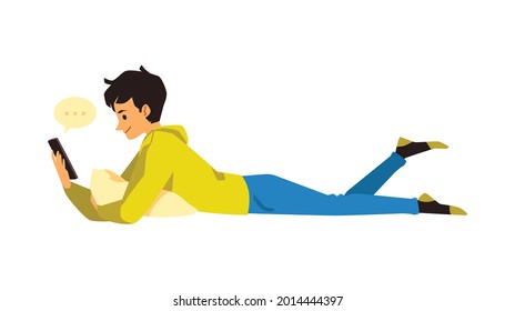 Young man lying at floor with mobile phone in hands. Guy reading or watching online news, chatting in messenger or social network in internet. Flat cartoon vector illustration.