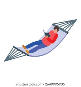 Young man is lying in a hammock and reading a book, enjoying a peaceful moment of leisure