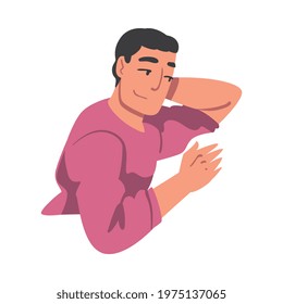 Young Man Lying with Hand under his Head, Cheerful Male Person Lying on Isolated White Background Vector Illustration