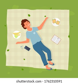Young man lying on blanket near sandwich, fruit and book, outdoor activity, picnic time stock vector illustration. Top view of happy character.