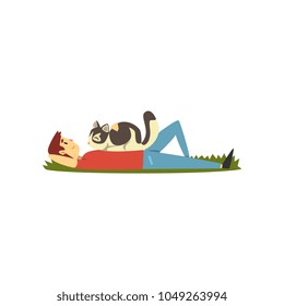 Young man lying on the grass, cat sitting on it, cute pet with its owner vector Illustration on a white background