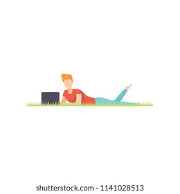 Young man lying on the grass with laptop, remote working, freelance concept vector Illustration on a white background