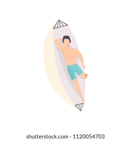 Young man lying on hammock and sunbathing on the beach, top view of lying guy vector Illustration on a white background