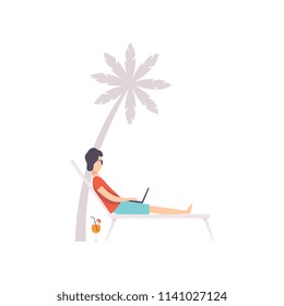 Young man lying on hammock with laptop, remote working, freelance concept vector Illustration on a white background