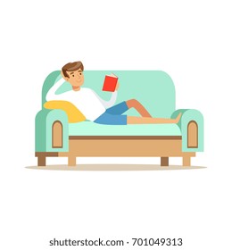 Young man lying on a light blue sofa and reading a newspaper, man resting at home vector Illustration