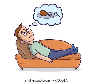 Young man lying on a sandy-coloured couch thinks about the food. Hungry guy dreams about piece of chicken. Cartoon character vector illustration. Isolated image on white background.