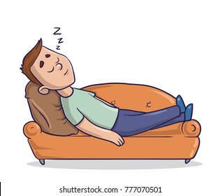 Young man lying on a sandy-coloured couch takes a nap. Guy sleeping on a sofa. Cartoon character vector illustration. Isolated image on white background.