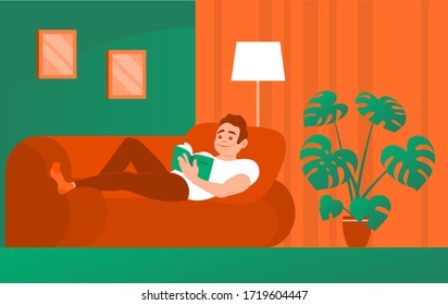 Ein junger Mann liegt auf einem Sofa und liest ein Buch. Wohnzimmer. Nützliche und angenehme Freizeitaktivitäten. Vektorgrafik einzeln.