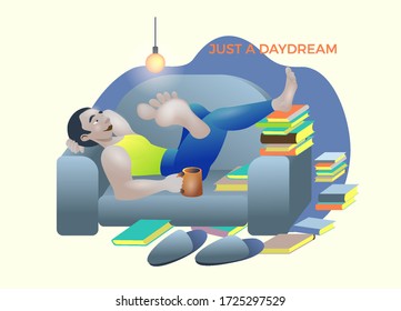 A young man is lying on the sofa and wants to read a lot of books. It's just a daydream. Lazy thoughts about impossible plans.