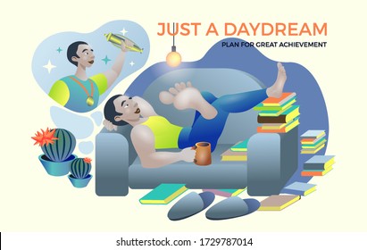 A young man is lying on the sofa and dreaming about sports victories. It's just a daydream.  Lazy thoughts about plans for great achievements