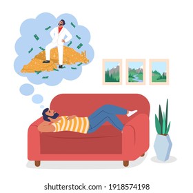 Joven tendido en el sofá y soñando con el dinero, ilustración vectorial plana. Un personaje de caricatura masculino soñado que piensa en la riqueza.