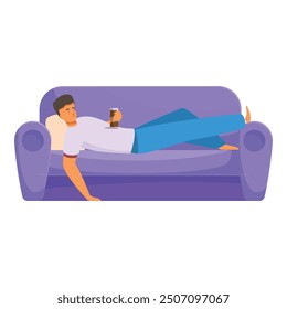 Young man is lying on the sofa, enjoying a refreshing drink and taking a break from his daily routine