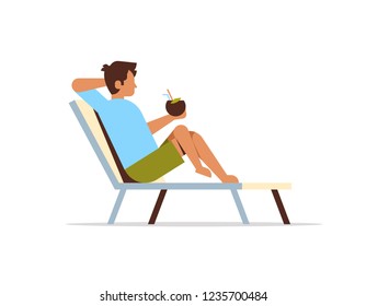 young man lying on sun lounger holding coconut cocktail summer vacation concept flat isolated