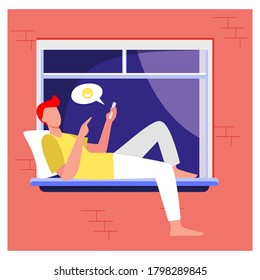 Joven tendido en la ventana y charlando por teléfono. Smartphone, medios sociales, ilustración de tipo vector plano. Concepto de comunicación y tecnología digital para banner, diseño de sitios web o página web de aterrizaje