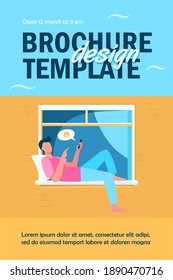 Joven tendido en la ventana y charlando por teléfono. Smartphone, medios sociales, ilustración de tipo vector plano. Concepto de comunicación y tecnología digital para banner, diseño de sitios web o página web de aterrizaje