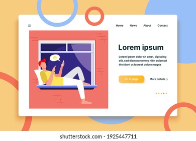 Young man lying on window and chatting via phone. Smartphone, social media, guy flat vector illustration. Communication and digital technology concept for banner, website design or landing web page