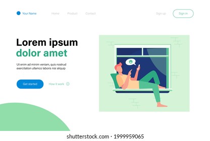 Young man lying on window and chatting via phone. Smartphone, social media, guy flat vector illustration. Communication and digital technology concept for banner, website design or landing web page
